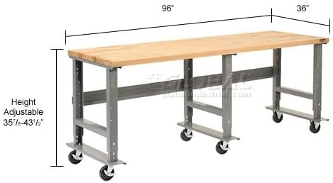 Global Industrial Mobile Adjustable Height Workbench, Maple Butcher Block Square Edge, 96" W x 36" D, Gray