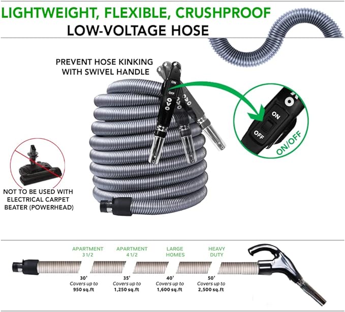OVO Central Vacuum Deluxe Plus Kit, 50ft ON/Off Low-Voltage Hose, Air Driven Carpet Beater, 12’’ Premium Floor Brush, Cleaning Tools and Easy Storage Accessories