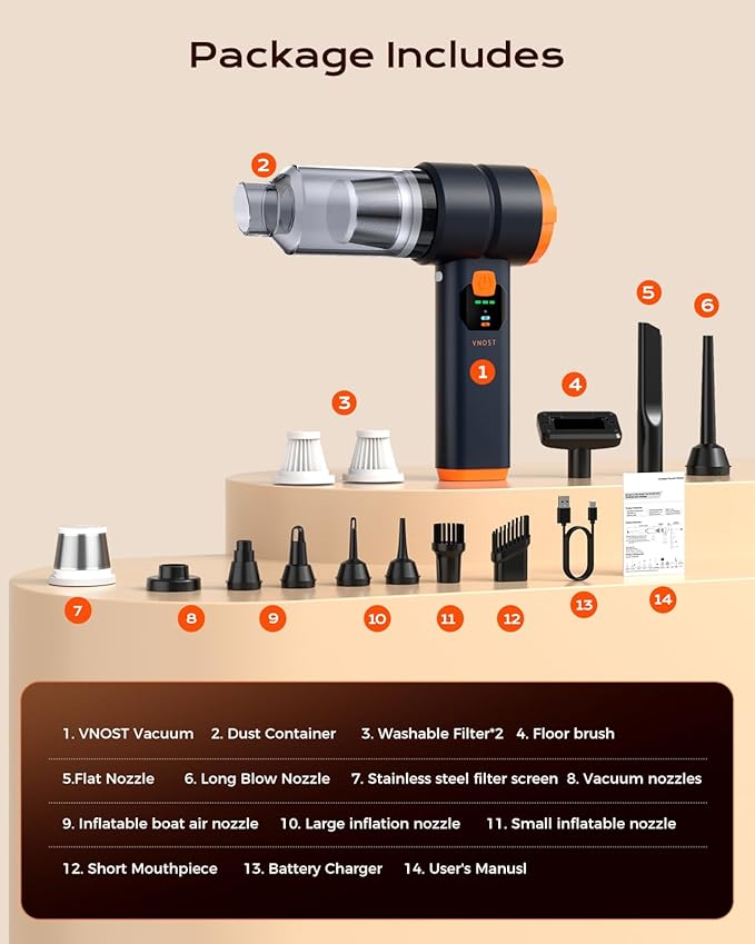 Car Vacuum Portable Cordless, Handheld Vacuum Cordless with 30000PA Suction, 130000RPM, 6800mAh Battery, 10 Nozzles, Rubber Paint Material for Car, Home, Pet Cleaning(Black Orange)