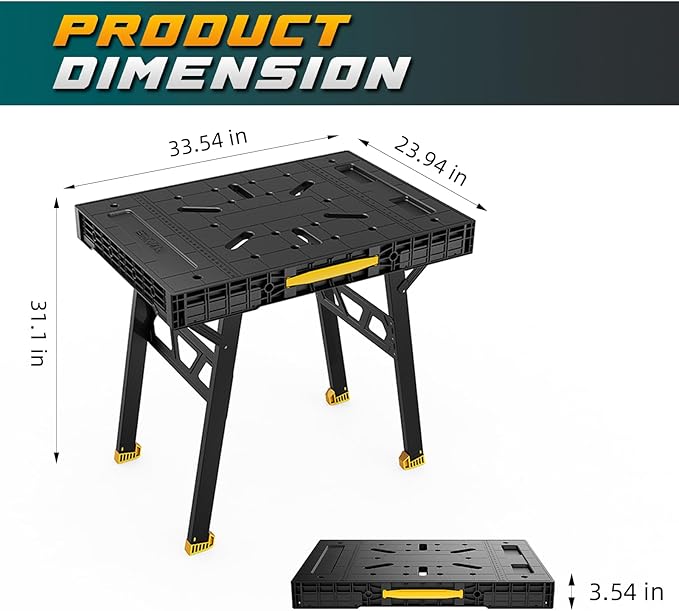Express Folding Work Table, Easy Setup Portable Folding Work Table & Portable Folding Workbench, 34" W x 25" D x 31" H Lightweight Versatile Clamping Worktable for Garage/Wood Shop (Yellow)