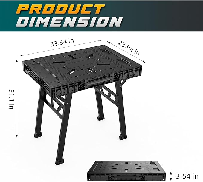 Foldable Work Bench,Easy Step Protable Work Table,34" W x 25" D x 31" H Lightweight Workbench wih 1650LBS,Work Benches for Garage,Work Bench Suitable for Garage,Workshop and Home (Black)