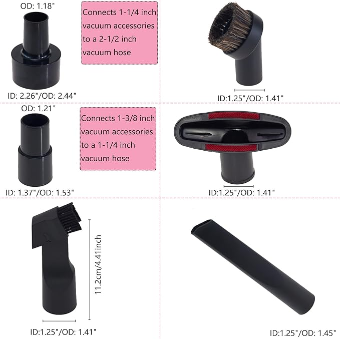 15 PCS Universal Vacuum Attachments Kit for Shop Vac Accessories - Includes Horse Hair Vacuum Brush, Floor Brush, Crevice Tool, and Hose Adapters for 2 1/2" to 1 1/4"