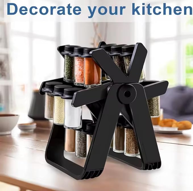 Rotating spice rack set designed to organize and store various spices. This spice rack appears to have a rotating carousel design, allowing easy access to different spices.