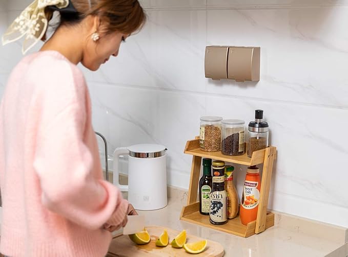 GOBAM Cabinet Shelf Organizers, Kitchen Countertop Organizer 2-Tier Cupboard Stand Spice Rack, Bamboo