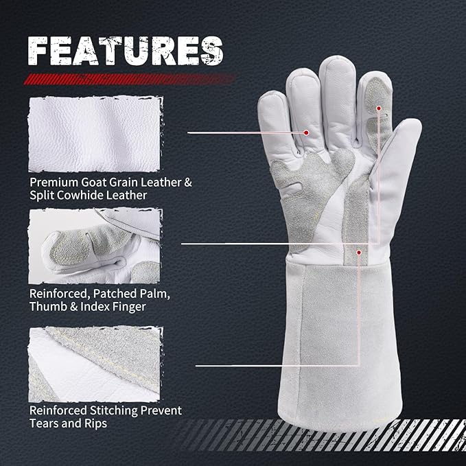 TOPDC Premium Goatskin Leather Welding Gloves, Split Cowhide Back, TIG Welding Gloves with Reinforced Palm Thumb Index Finger (Grey-White, 14 Inch Large)