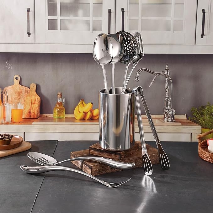 Double Wall Utensil Holder - 304 Stainless Steel Sleek Kitchen Utensil Holder for Countertop, Spatula Spoon Storage Organizer, Large Cooking Utensil Caddy Counter, Shining Utensil Crock, Mirror Polish