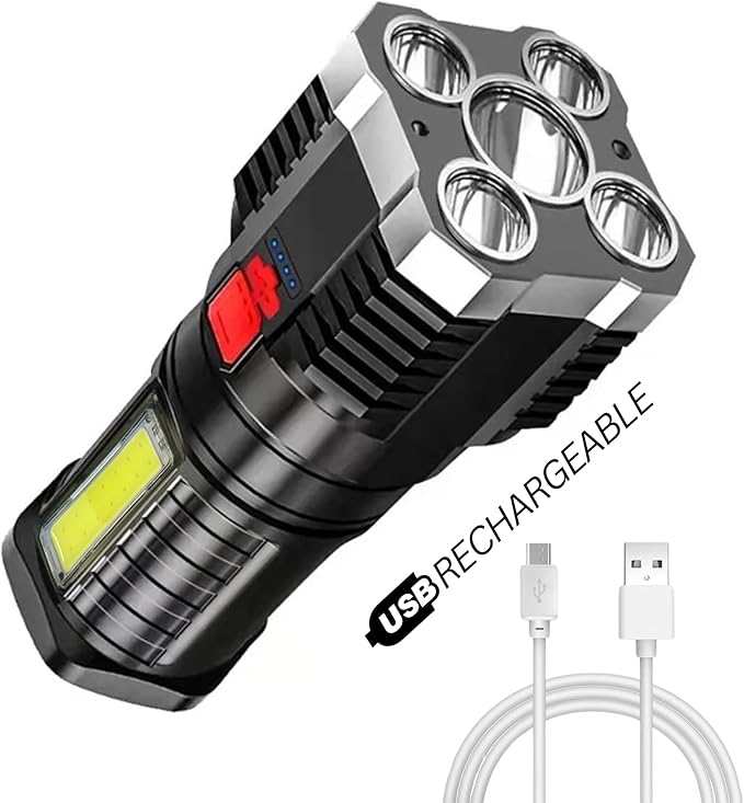 TetraBeam Rechargeable Tactical Flashlight with Advanced COB LED Tech โ USB Rechargeable Flashlights, Water-Resistant Work Light, 3 Light Settings, Emergency Floodlight, Real-Time Power Monitoring