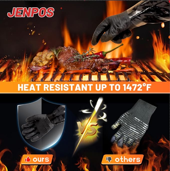 BBQ Gloves - 1472ยฐF Thicken Heat Resistant Gloves w/S-Hook 14 in Kitchen Oven Mitts Waterproof Grill Gloves Oil Resistant Grilling Gloves Cooking Gloves for Turkey Fryer/Baking/Oven/Smoker