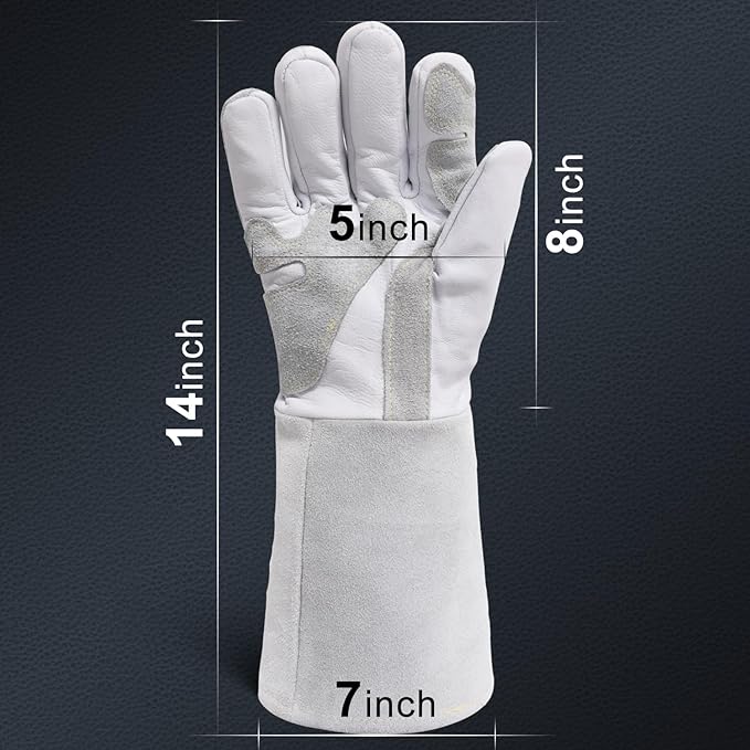 TOPDC Premium Goatskin Leather Welding Gloves, Split Cowhide Back, TIG Welding Gloves with Reinforced Palm Thumb Index Finger (Grey-White, 14 Inch Large)