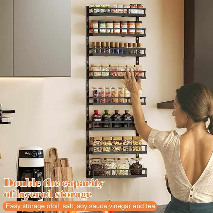 X-cosrack 8-Tier Adjustable Spice Rack โ Wall-Mounted Space-Saving Organizer with Mixed Baskets, Large-Capacity Seasoning Holder for Kitchen & Pantry (Black)