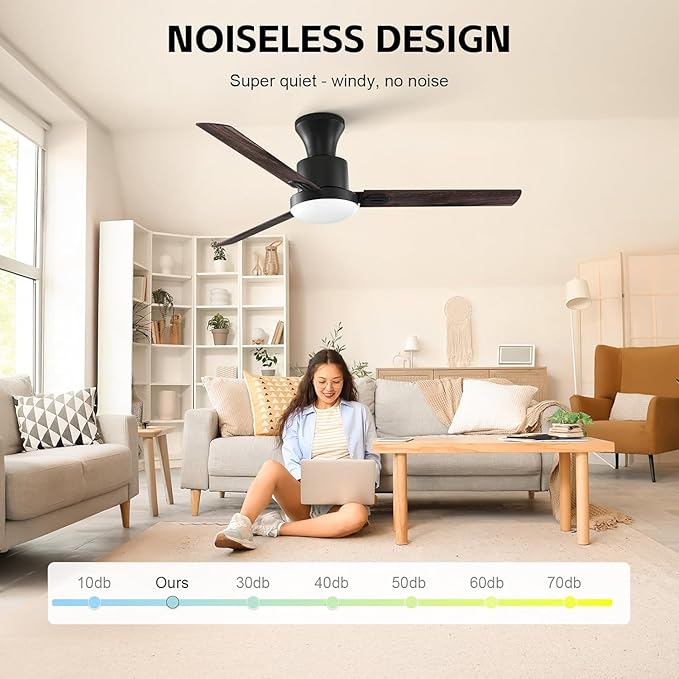 Obabala Ceiling Fans with Lights, 42 inch Flush Mount Ceiling Fan with Light and Remote Control & APP Reversible Dimmable Noiseless Ceiling Fan for Bedroom Indoor/Outdoor