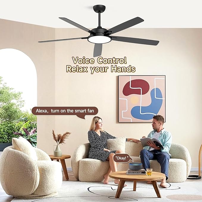 Roomratv Ceiling Fans with Lights,62 Inch Smart Ceiling Fan,Remote and App Control,Dimmable,Reversible,Noiseless, Compatible with Alexa,Google Home,Large Black Modern Ceiling Fan for Indoor/Outdoor