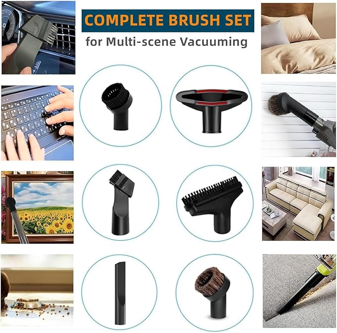 Universal 1/4 Inch Vacuum Attachments & Brushes Kit for Shop Vac Accessories 2 1/2" 1 1/4" Brush Attachment for Shop Vacuum Cleaner Attachments Brushes for Shop Vac Attachments Set of 11