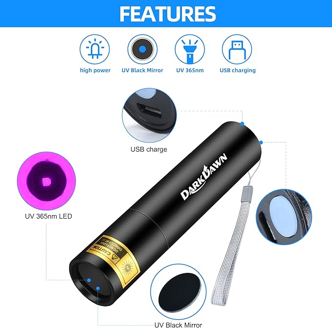 DARKDAWN UV 365nm Black Lights,Mini USB - C Rechargeable Flashlights Portable Woods Lamp, Handheld Portable Blacklight 370nm for Cat Urine Detection, Stains, Uranium Glass, Leak Detection, V4 365 nm