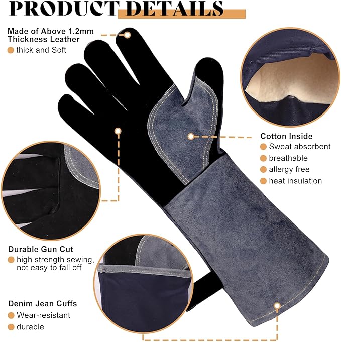16" Leather Forge Welding Gloves, 932℉ Heat/Fire Resistant, Multi-Use Mitts for TIG/MIG Welding, BBQ, Oven, Baking, Furnace, Beekeeping, Animal Handling & Stove Safety,Ambidextrous