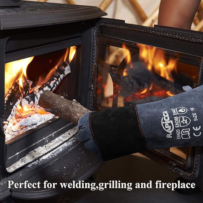 Fireplace Gloves Fire Heat Resistant: Dark-Grey 16IN 932℉ - Fireproof Leather for Fireplace Fire Pit Wood Stove Campfire Furnace BBQ Grill Oven Stick Mig Welding Welder Gear - Birthday Gift XL