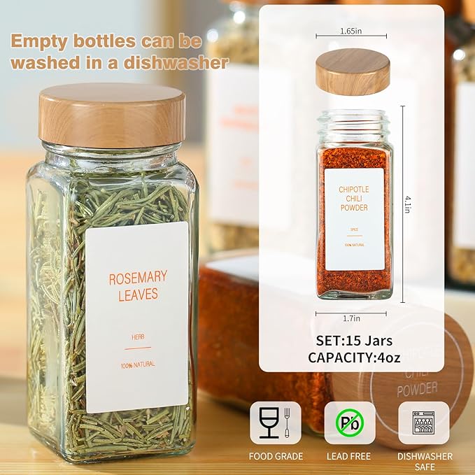 Spice Jars with Label,4oz Seasoning Containers, Glass Spice Bottles with Shaker Lids,Funnel, Chalk Pen (24)