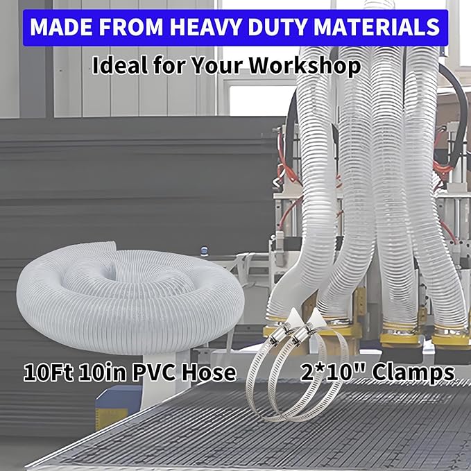 JUYO VONSAN 10 inch Dust Collection Hose 10ft Heavy Duty Flexible PVC Dust Collector Hose With Clamps (PVC, 10IN-10FT)
