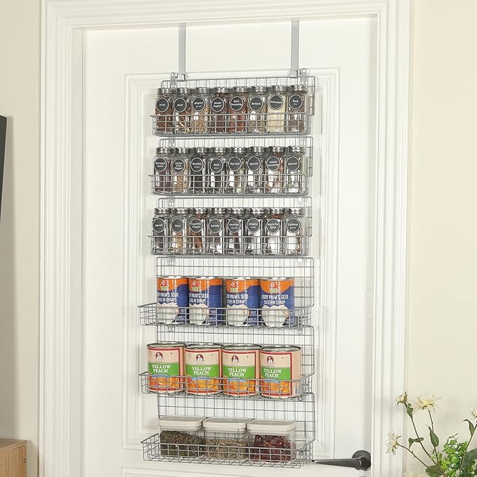 JKsmart Spice Rack Organizer 6-Tier Wall Mounted & Over the Door Spice Racks for Kitchen Pantry Bathroom,Two Size, Large Capacity, Silver