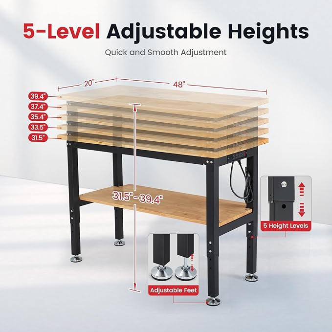 48 Inch Work Table for Garage Adjustable Height Rubber Wood Tabletop Workbench with Storage Work Bench Table with Power Outlets Pegboard Pad for Woodworking Shop Home Office