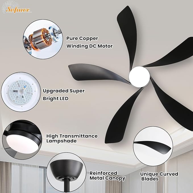 Sofucor 52" Smart Ceiling Fan, Indoor/Outdoor Black Ceiling Fans with Lights and Remote, Works with Alexa/Google/App, 3-Color Light 6-Speed Timing Reversible DC Motor for Bedroom Living Room Patio