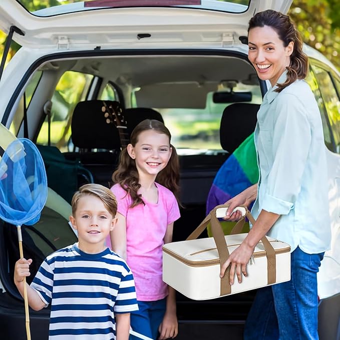 Insulated Casserole Carrier, Portable Casserole Carrier for Hot or Cold Food Lunch Tote Warmer or Cooler Bag, Lasagna Lunch Bag for Potluck Parties- Fits 9" x 13" Baking Dish-Beige