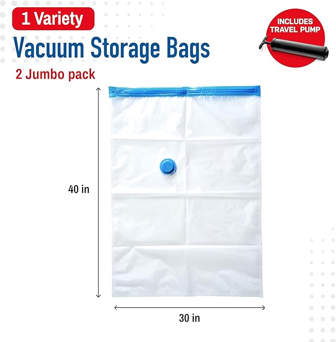 2 Pack Jumbo Vacuum Storage Bags for Comforters, Blankets & Clothes – Jumbo Vacuum Sealed Compression Bags with Hand Pump – Space Saver Storage Bags for Bedding, Moving, Travel & Organization