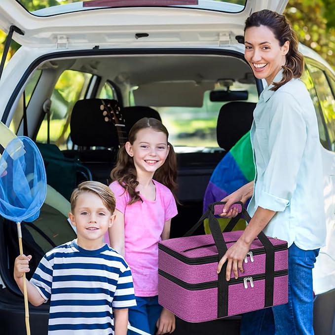 Double Insulated Casserole Carrier, Portable Casserole Carrier for Hot or Cold Food Lunch Tote Warmer or Cooler Bag, Lasagna Lunch Bag for Potluck Parties- Fits 9" x 13" Baking Dish-Rose Purple