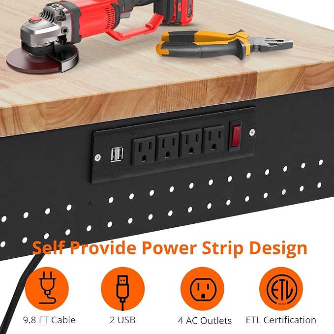 Work Bench 72" Adjustable Height, Heavy-Duty Portable Workbench with Power Outlets for Garage & Workshop, 2000 LBS Load Capacity, Work Table for Office, Home, Easy Assembly