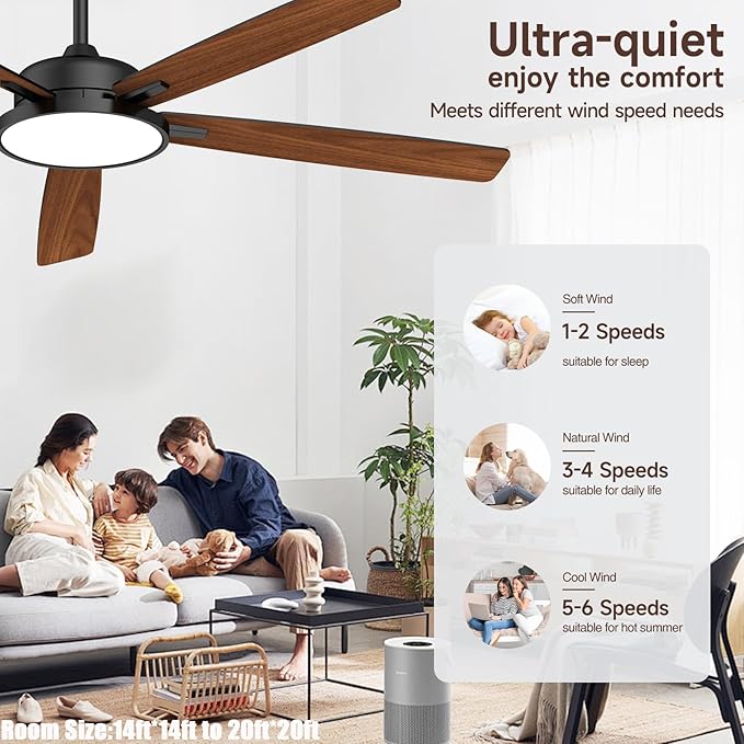 Roomratv Ceiling Fans with Lights,62 Inch Smart Ceiling Fan,Remote and App Control,Dimmable,Reversible,Noiseless, Compatible with Alexa,Google Home,Large Black Modern Ceiling Fan for Indoor/Outdoor