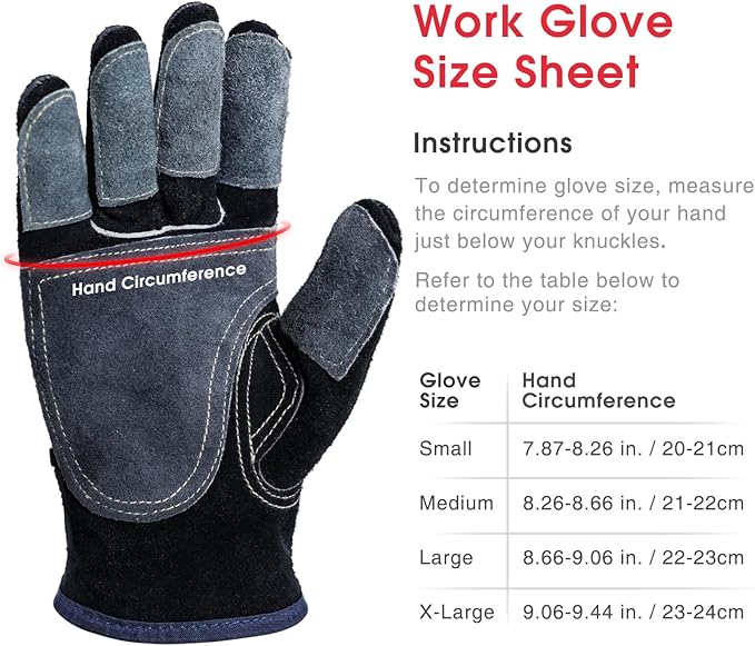 YESWELDER Leather Work Gloves for Men or Women,Suitable for welding & gardening etc. Cowhide leather with cotton lining, wrist closure, grippy and durable.Reinforced palm and finger,Black-gray L