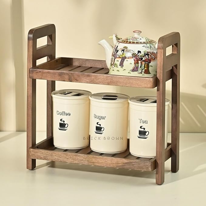 Premium Cocoa Kitchen Wooden Organizer 2-Tiered Serving Stand| Display Snacks, Fruits & Desserts | Kitchen & Dining Organizer in Mahogany Finish (Self Assembly)