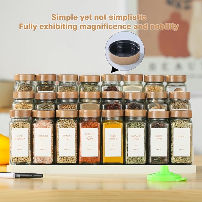 Spice Jars with Label,4oz Seasoning Containers, Glass Spice Bottles with Shaker Lids,Funnel, Chalk Pen (24)