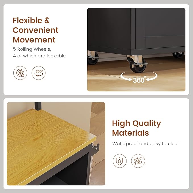 Itaar Rolling Kitchen Island Table on Wheels with Drop Leaf, 40" Mobile Kitchen Carts with Trash can Storage, Storage Cabinet, Drawer, Spice/Towel Rack, Black