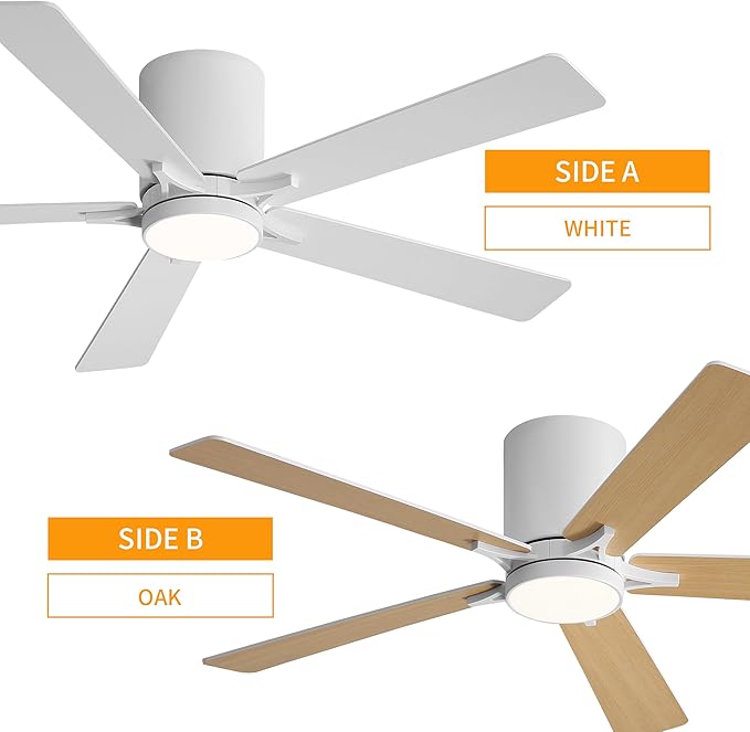WINGBO 52" DC Flush Mount Ceiling Fan with Lights, 6-Speed Reversible DC Motor, 3CCT, Low Profile Hugger Ceiling Fan for Living Room Bedroom Kitchen, White Finish and White/Oak Blades
