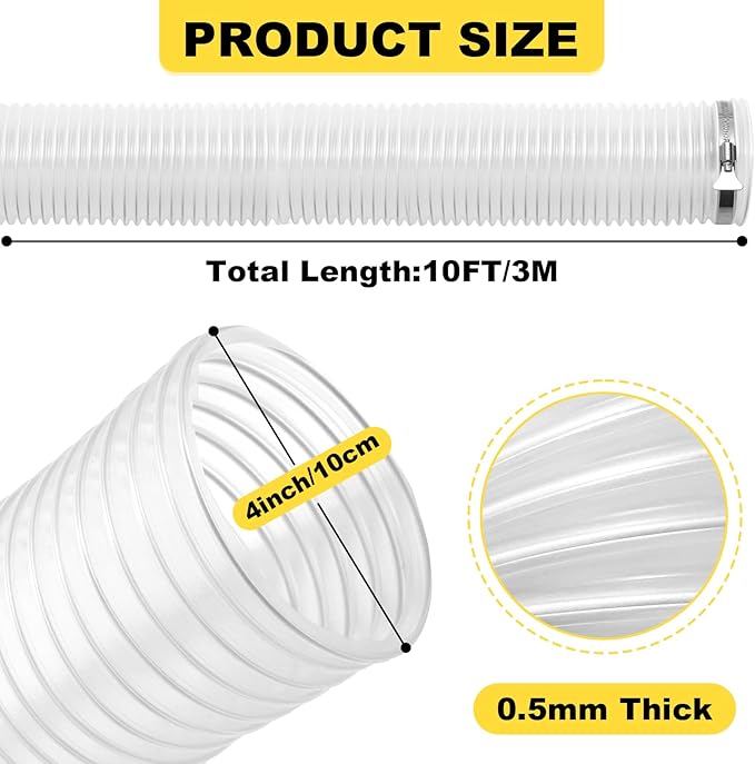 4"x10'Dust Collection Hose,4 inch Collector Flexible Tube with 304 Stainless Steel Clamps,PVC 4 Dust Collection Hose- Puncture Resistant (4" x 10')