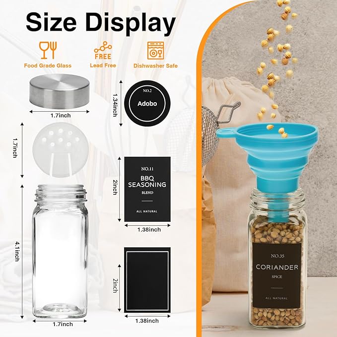 6 Pcs Glass Spice Jars with Label, 4oz Spice Jars with Lids, Seasoning containers Set, Comes with spice bottle caps, Silicone Collapsible Funnel,chalk, for Spice Rack, Cabinet, Drawer