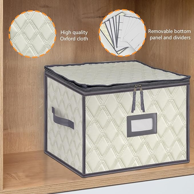 VERONLY Christmas Stemware Storage Cases with Dividers- Holds 12 Wine Glass Storage or Crystal Glassware Containers, China Storage Containers with 2 Handles and Label Window -Set of 1 Beige