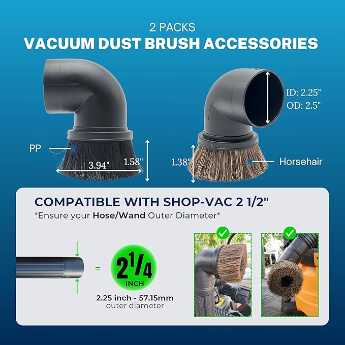 Vacuum Accessories & Attachments for Shop Vac 2-1/2'' - Vacuum Dust Brush & Extension Wand Compatible with Vacuums Using 2-1/4'' Inner Diameter Accessories (Horsehair + PP, 2-1/4'')