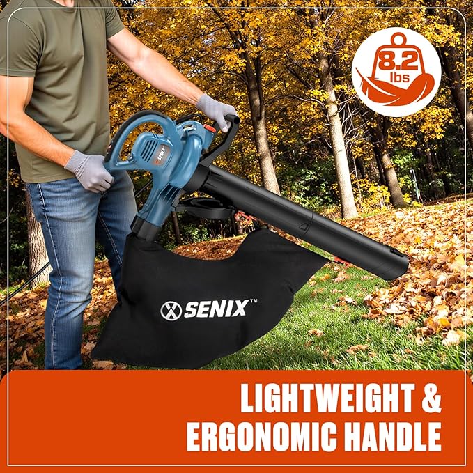 SENIX 12 AMP Leaf Blower, 3-in-1 Handheld Electric Leaf Blower, Vacuum, and Mulcher, 420 CFM, 179 MPH Airflow,Corded Blowers with Reusable Collection Bag (BLVE12-M)