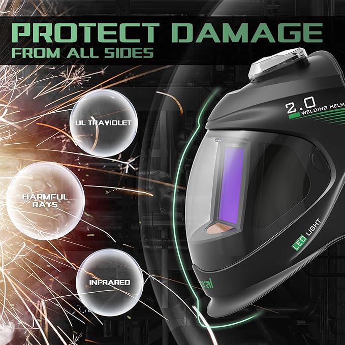 Panoramic View Auto Darkening Welding Helmet with Light,1/1/1/1 True Color Solar Powered Welding Hood Mask,4 Arc Sensor Wide Shade for TIG MIG ARC Cut,Grinding