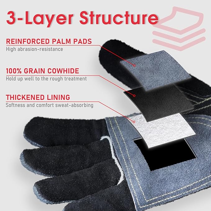 YESWELDER Leather Work Gloves for Men or Women,Suitable for welding | gardening |construction etc. Cowhide leather with cotton lining, wrist closure, grippy and durable.Reinforced palm,Black-gray L
