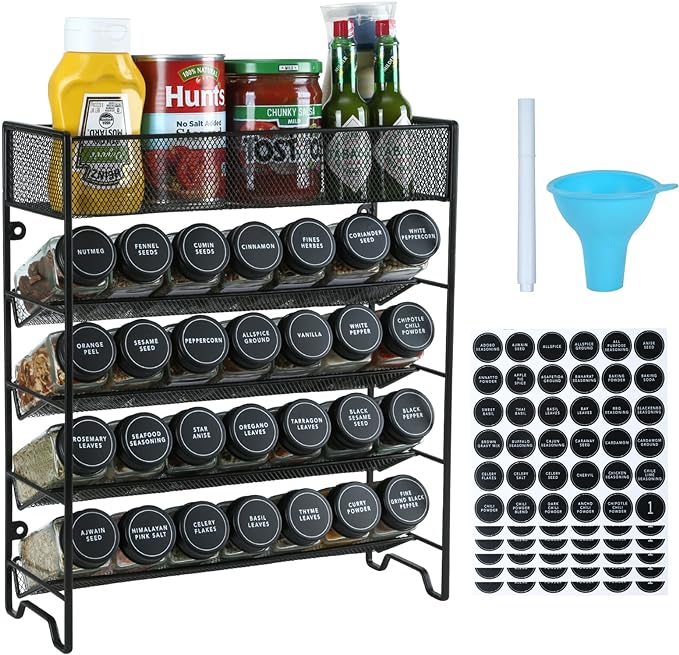 Spice Rack Organizer with 28 Spice Jars, Black Lids,Spice Labels, Chalk pen and Funnel Set for Cabinet, Countertop, Pantry, Cupboard or Wall Mount