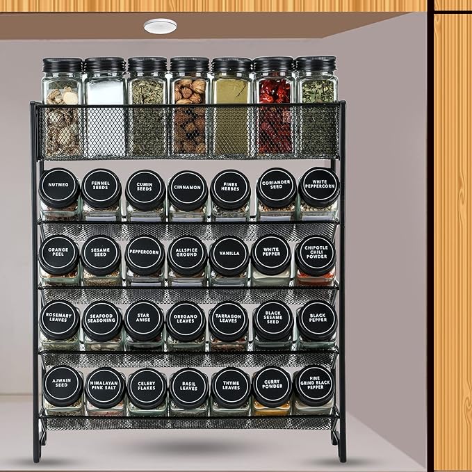 Spice Rack Organizer with 28 Spice Jars, Black Lids,Spice Labels, Chalk pen and Funnel Set for Cabinet, Countertop, Pantry, Cupboard or Wall Mount