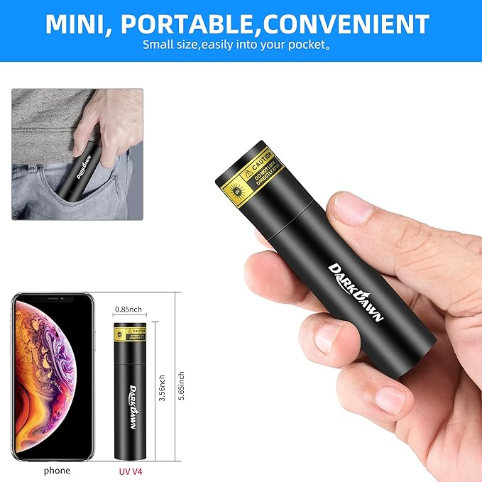 DARKDAWN UV 365nm Black Lights,Mini USB - C Rechargeable Flashlights Portable Woods Lamp, Handheld Portable Blacklight 370nm for Cat Urine Detection, Stains, Uranium Glass, Leak Detection, V4 365 nm