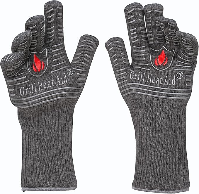 GRILL HEAT AID BBQ Grill Gloves Heat Proof for Grilling โ Fireproof 1472ยฐF Heat-Resistant Grill Mitts for Outdoor Barbecue and Smoker, Campfire, Fire Pit, Oven Glove with Fingers for Baking Pizza
