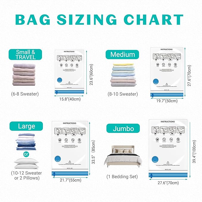 Vacuum Seal Bags for Clothing Travel, 15 Combo - Vacuum Storage Bags, Compression Bags for Travel, Blankets Luggage Clothes - Hand Pump Included(3 Jumbo, 3 Large, 3 Medium, 3 Small, 3 Roll Up Bags)