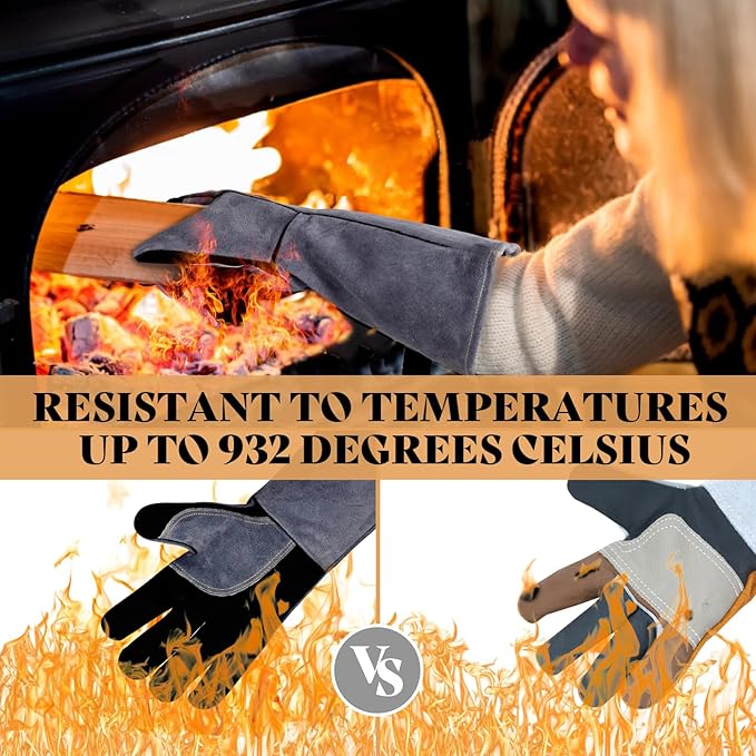 16" Leather Forge Welding Gloves, 932℉ Heat/Fire Resistant, Multi-Use Mitts for TIG/MIG Welding, BBQ, Oven, Baking, Furnace, Beekeeping, Animal Handling & Stove Safety,Ambidextrous
