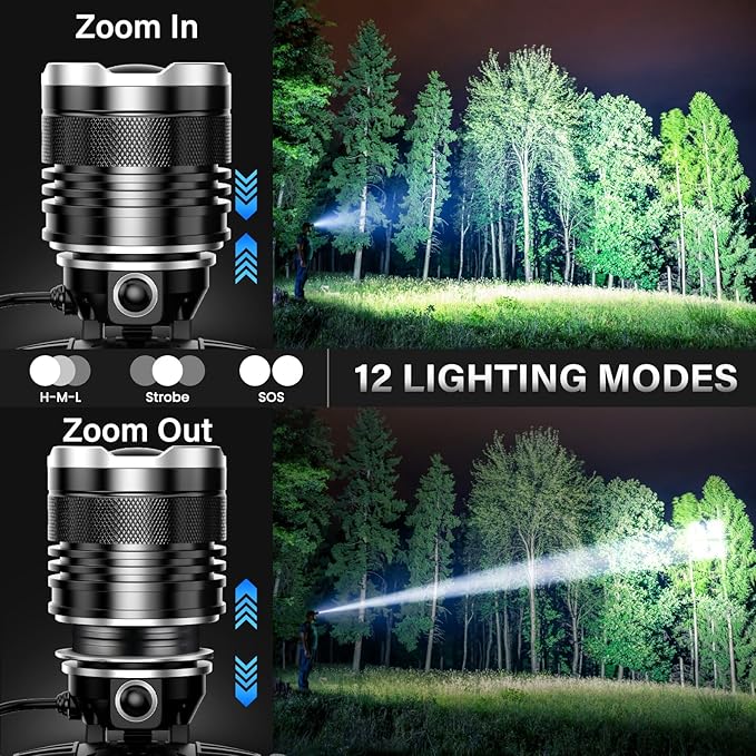 AKNEAR LED Rechargeable Headlamp 4500 High Lumens, 95 Hours Endurance Head Lamp with Zoomable & 12 Modes & IPX7 Waterproof & 125ยฐ Adjustable, Super Bright Head Light for Outdoor, Camping, Hard Hat
