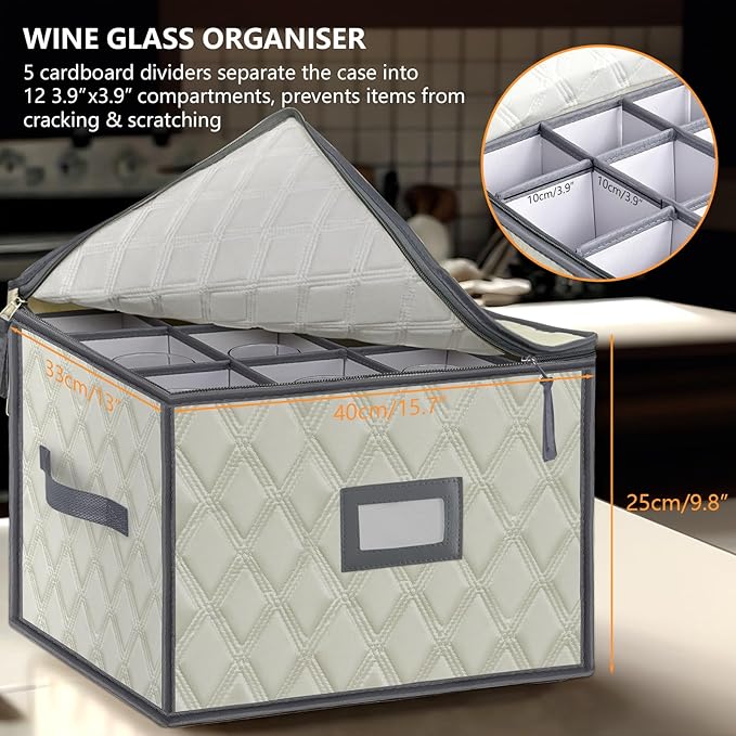 VERONLY Christmas Stemware Storage Cases with Dividers- Holds 12 Wine Glass Storage or Crystal Glassware Containers, China Storage Containers with 2 Handles and Label Window -Set of 1 Beige